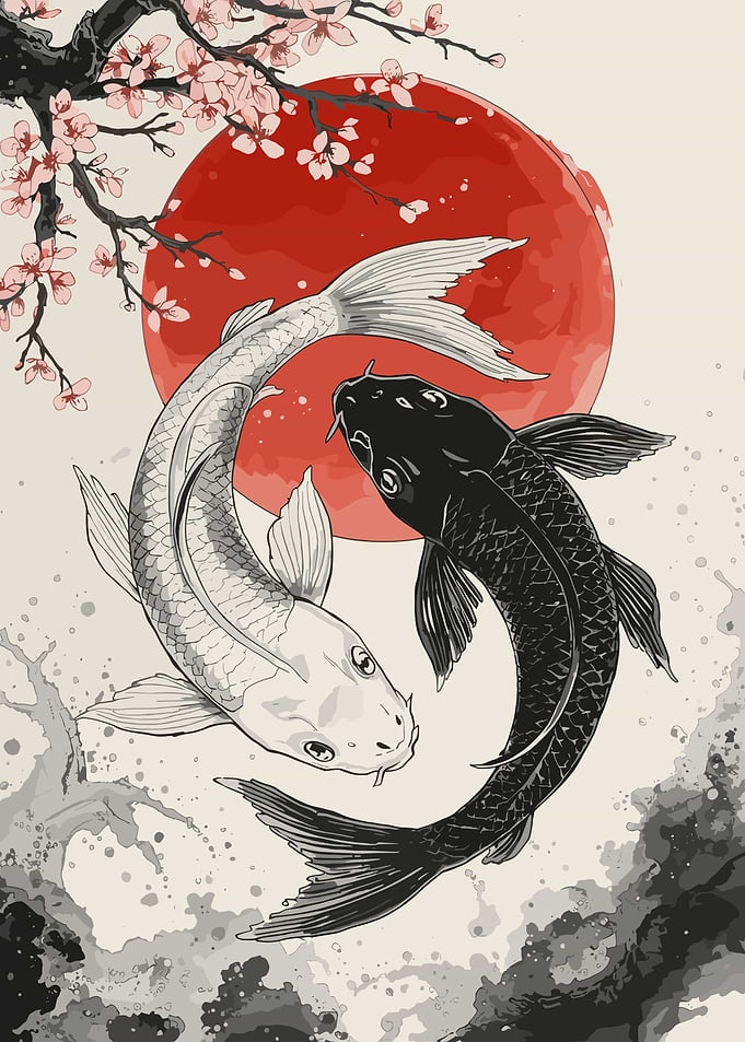 Yin Yang Koi Fish and Cherry Blossoms