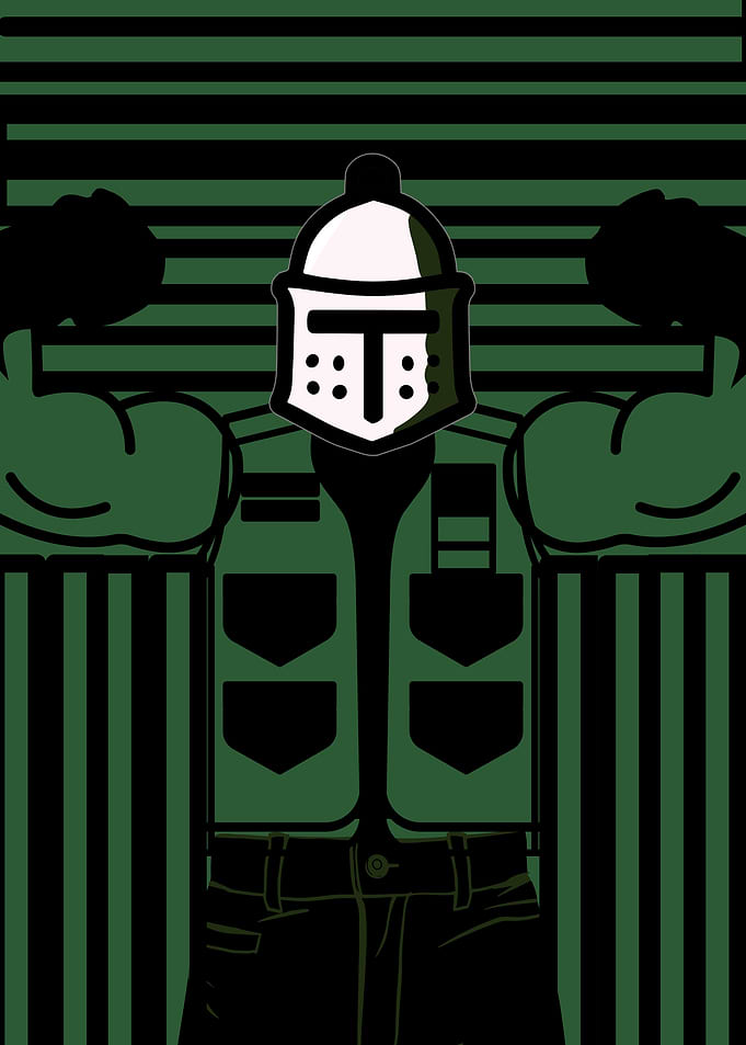 Mascot Character in Knight Helmet and Vest