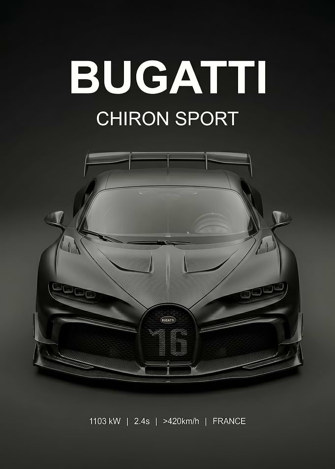 matte black Bugatti Chiron Sport car poster
