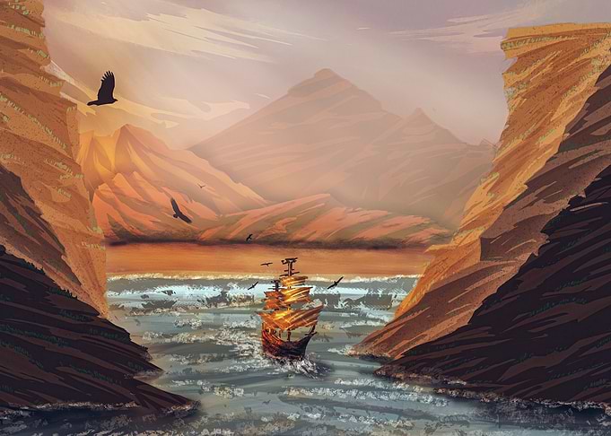 Sailboat navigating through a canyon