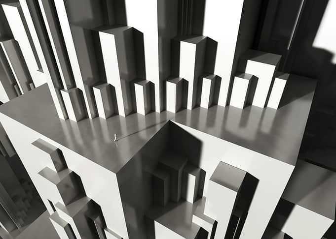 Architectone - Lone figure in abstract geometric city