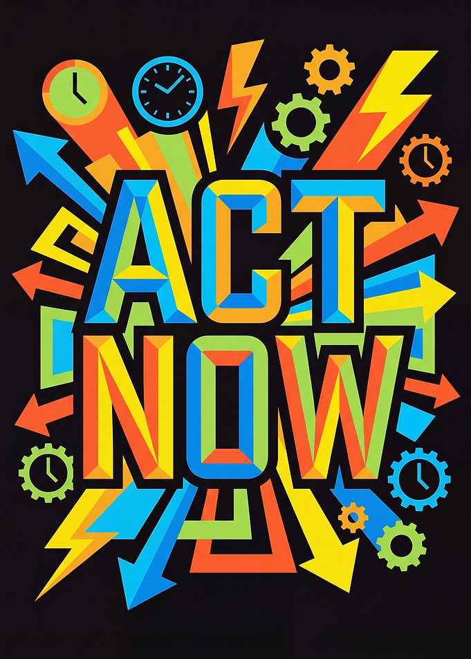 Act Now Typography with Arrows and Gears