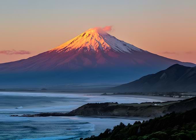 Snow-capped mountain at sunset over the ocean