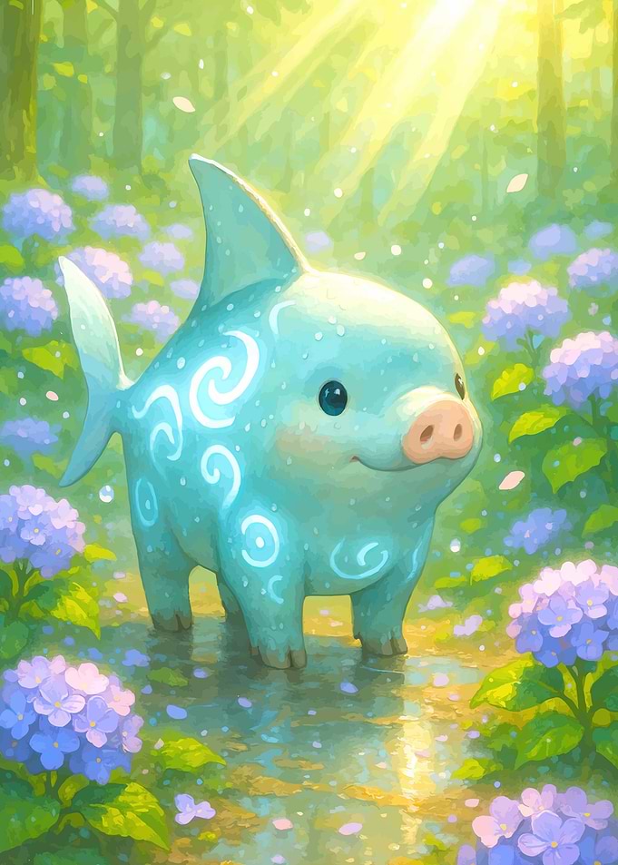 Cute Pig-Shark Creature in Hydrangeas