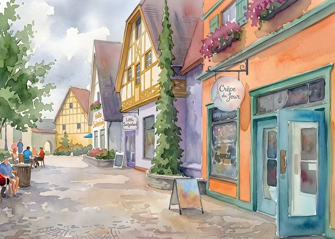 Watercolor painting of a Swiss street scene