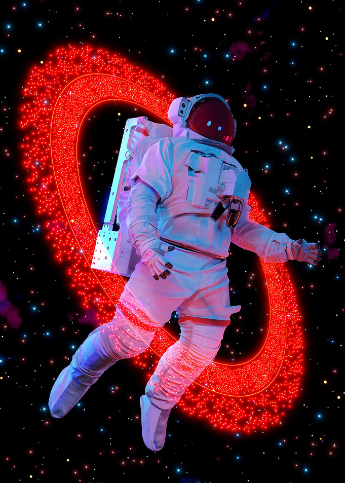 Astronaut floating in space with red nebula