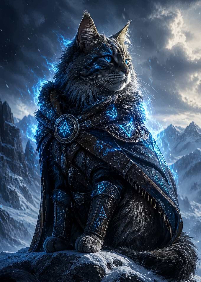Fantasy Cat Warrior in Snowy Mountains