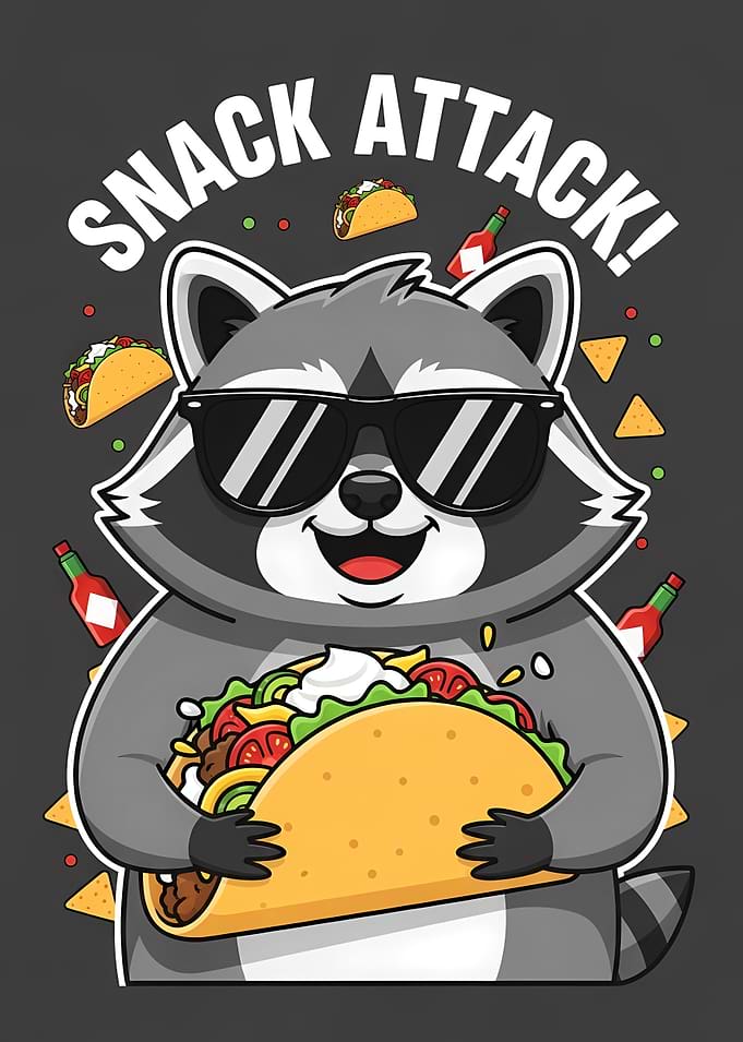 Snack Attack Raccoon Enjoys Giant Taco Feast in Fun Cartoon Style with Snack Mood! Fun!!!.