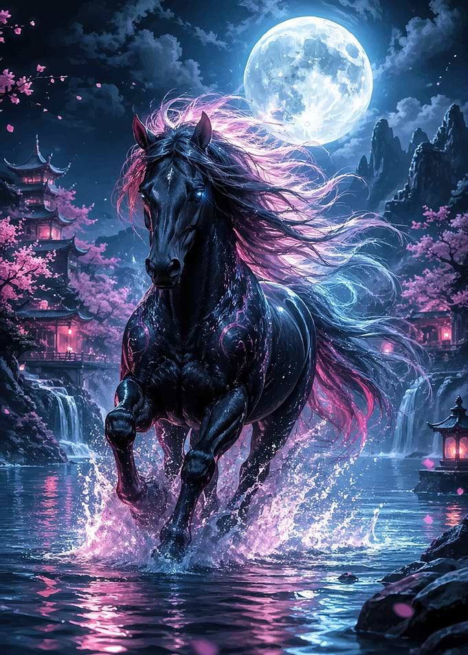 Mythical Black Horse in Moonlit Japanese Garden