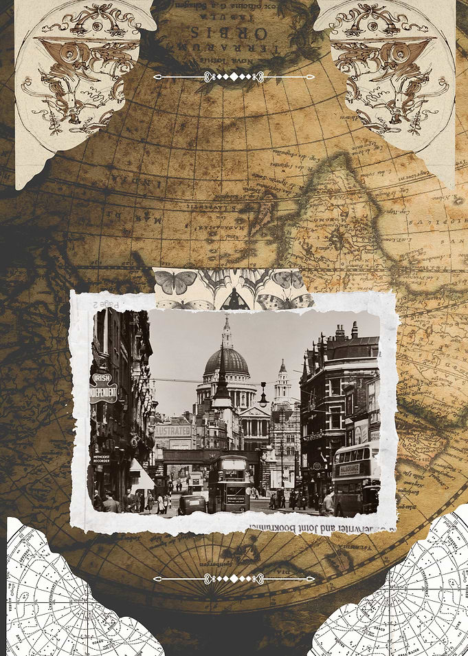 Vintage London cityscape with map background