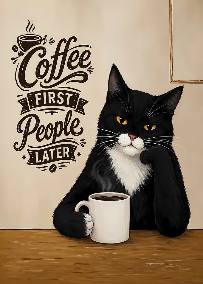 Black Cat with Coffee Coffee First People Later