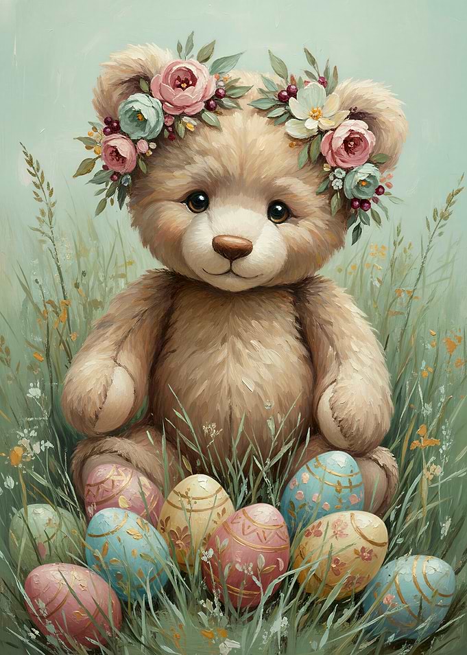 Teddy Bear with Easter Eggs and Flowers