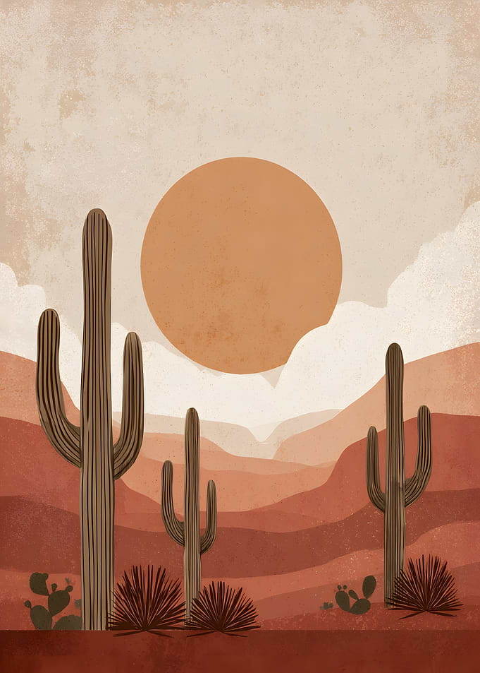 Desert Landscape with Cacti and Sun