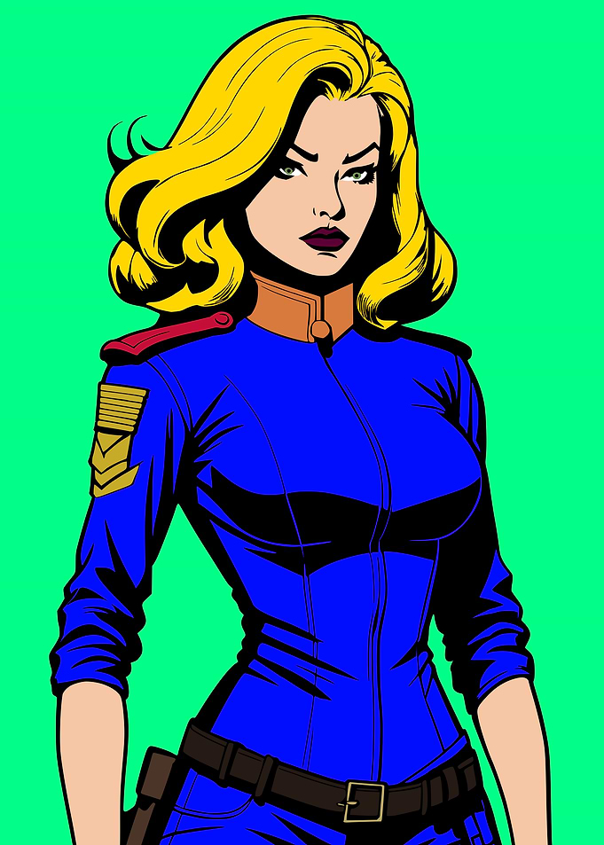 Comic Book Style Woman in Blue Uniform