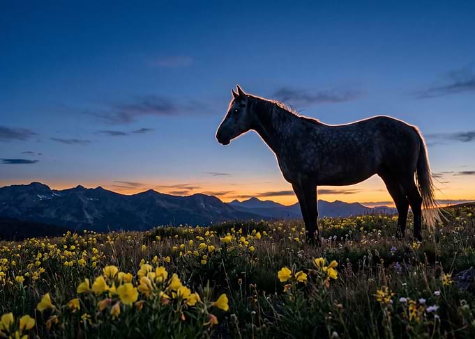 Horse in a field at sunset