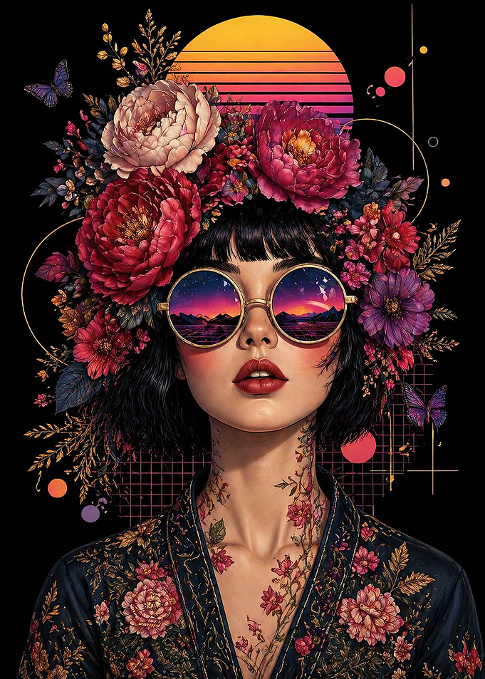Woman with Floral Headdress and Retro Sunglasses