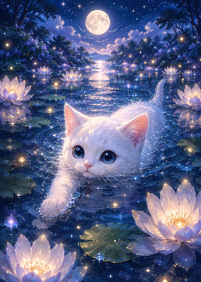 Cute Kitten in Moonlit Lotus Pond