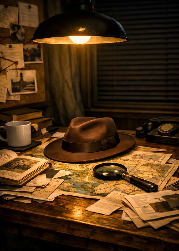 Detective's Desk with Fedora and Map