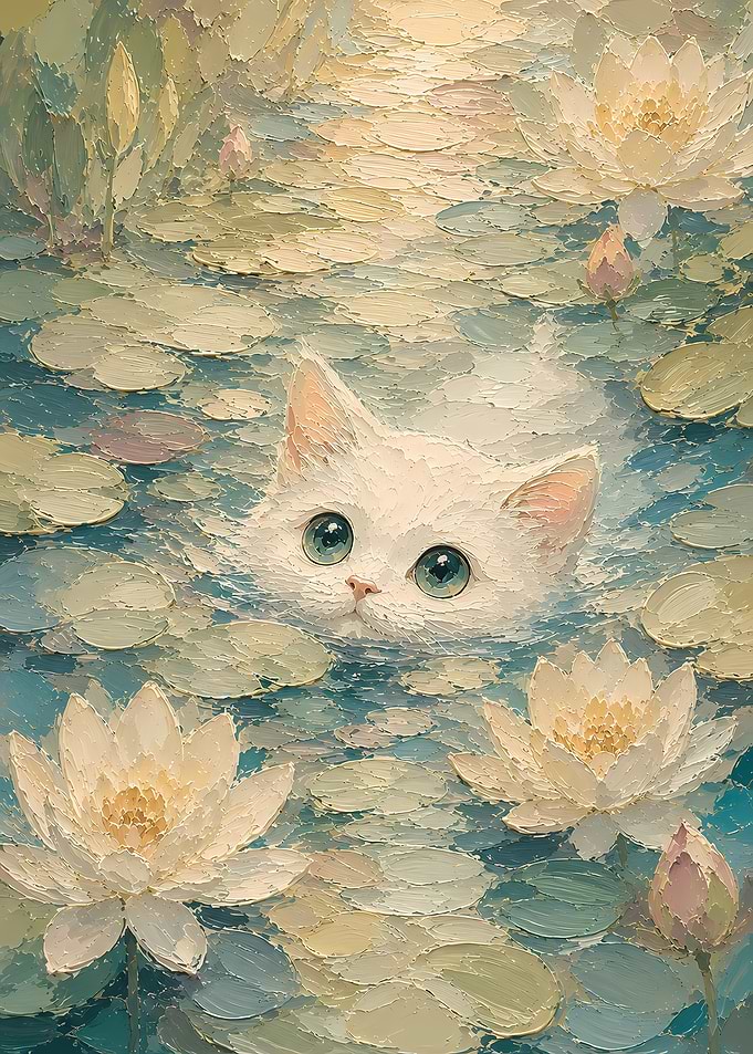 Cute Kitten in Water Lilies