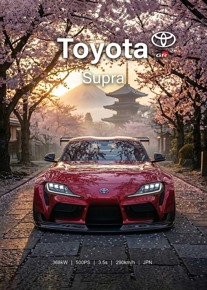 red jdm Toyota Supra with Mount Fuji