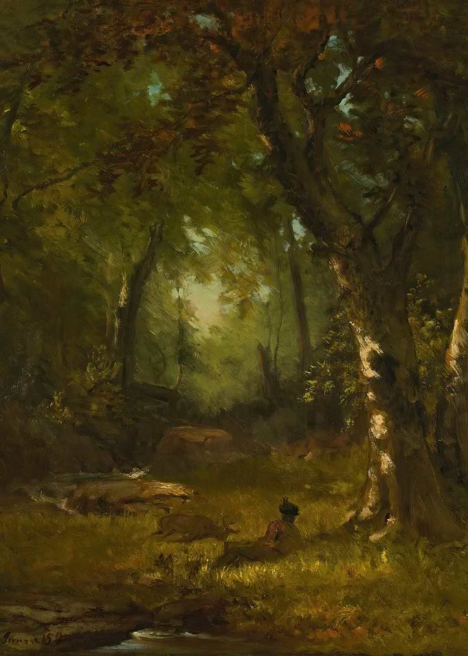 Forest Scene with Deer and Person
