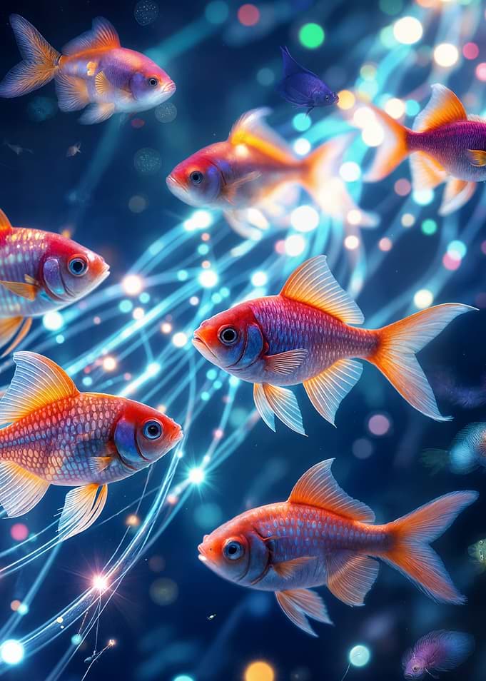 Goldfish swimming in glowing digital streams