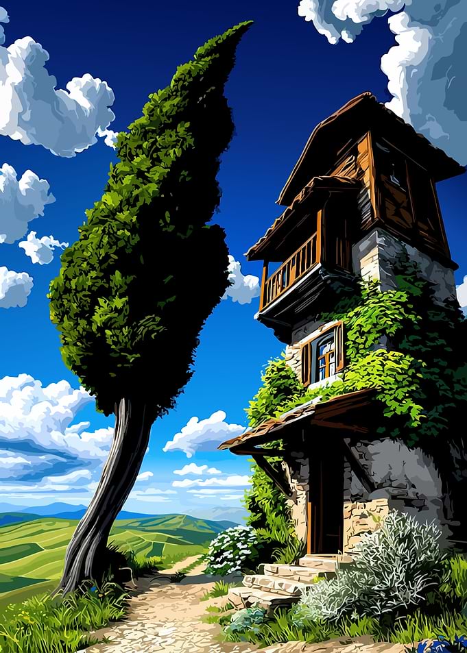 Rustic stone house with cypress tree