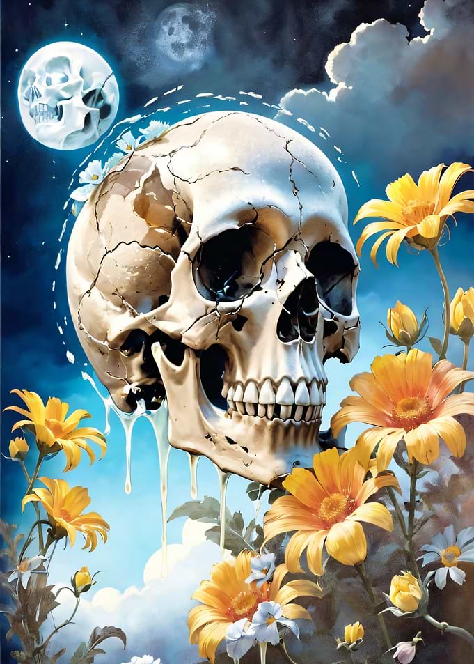 Skull with Flowers and Moon