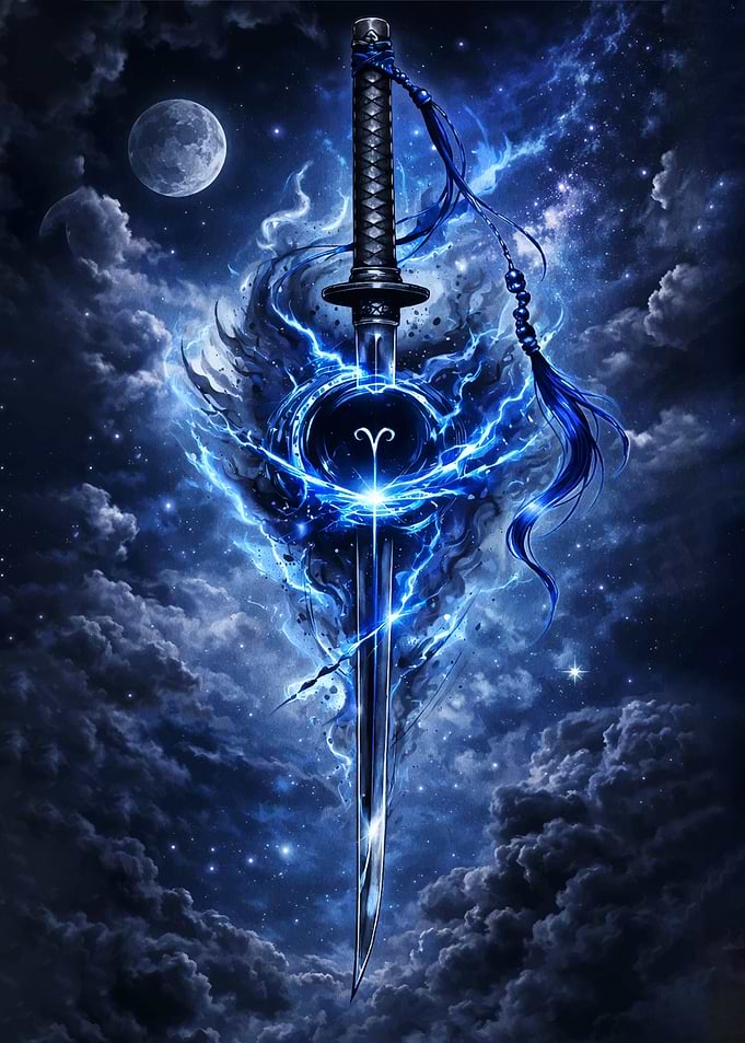 Aries Zodiac Sword in Cosmic Lightning