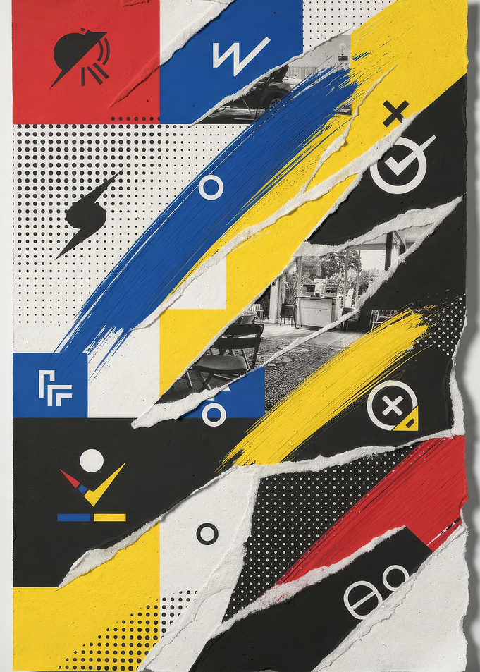 Abstract Torn Paper Collage with Bold Primary Strokes