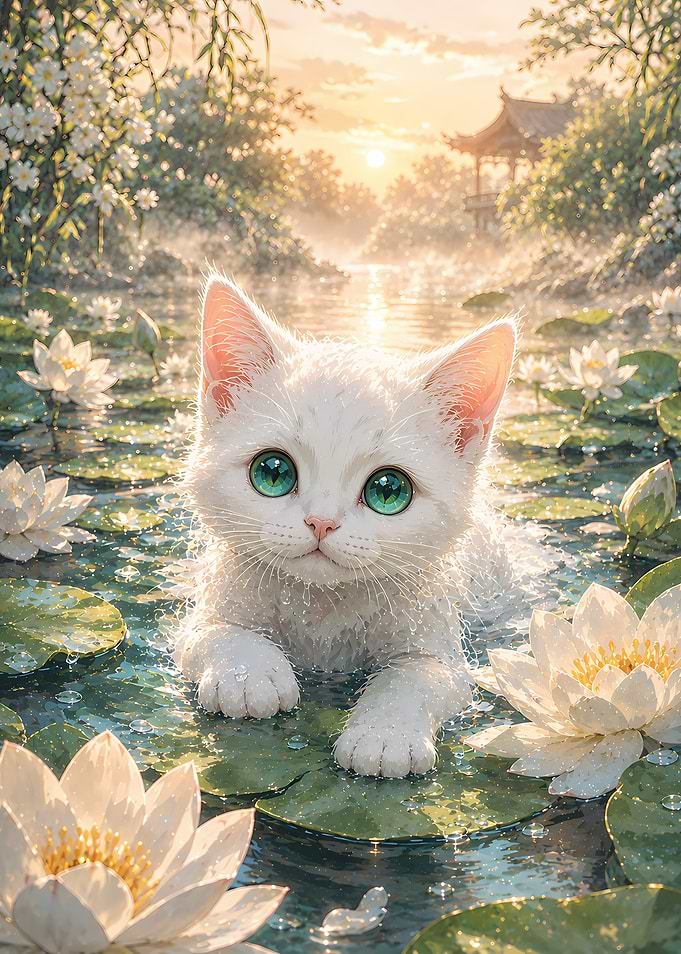Cute White Kitten in Water Lilies