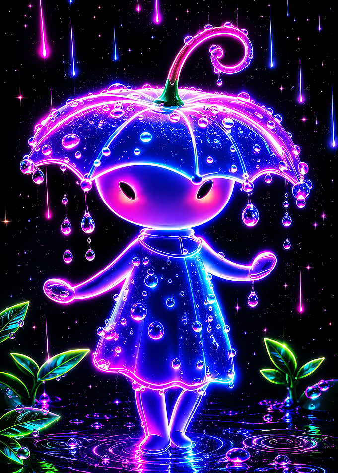 Neon Character with Umbrella in Space