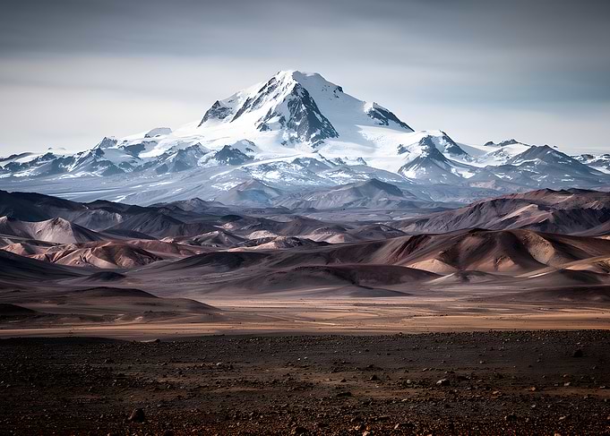 Snow-capped mountain range over arid landscape