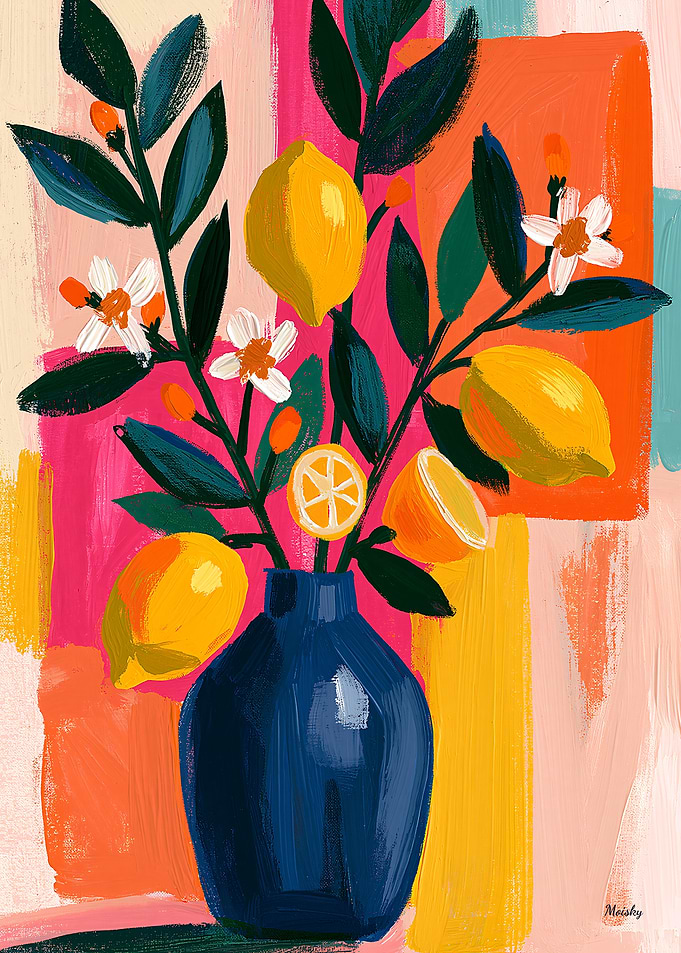 Vivid Fauvist Citrus Bouquet Expressive Floral Wall Art