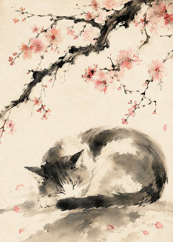Sleeping Cat Under Cherry Blossoms