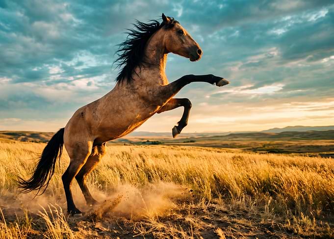 Horse rearing up in a field