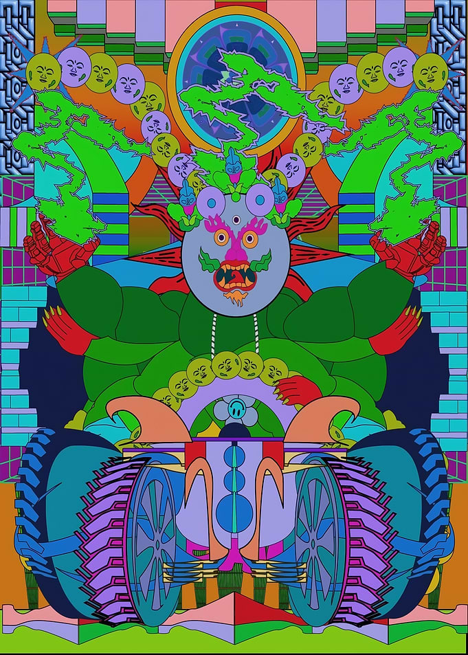 Surreal Mechanical Deity with Wheels