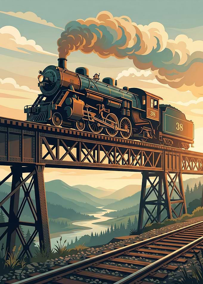 Vintage Steam Train Crossing Iron Bridge