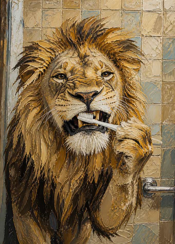Lion Brushing Teeth in Bathroom