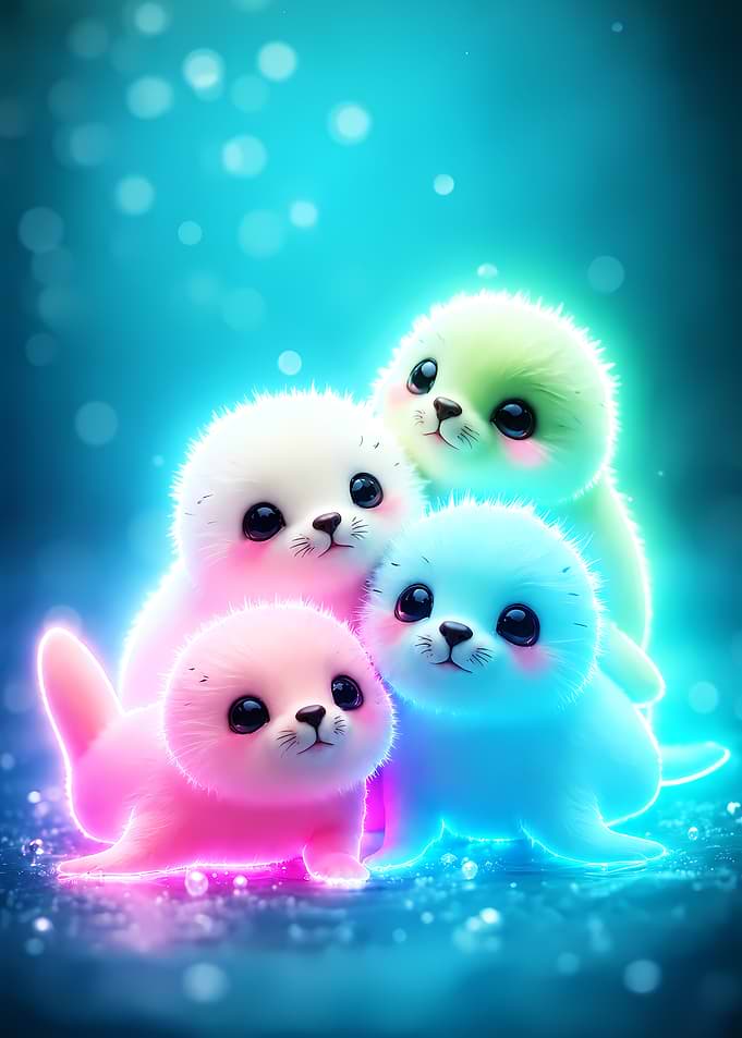 Four Cute Seals in Neon Colors