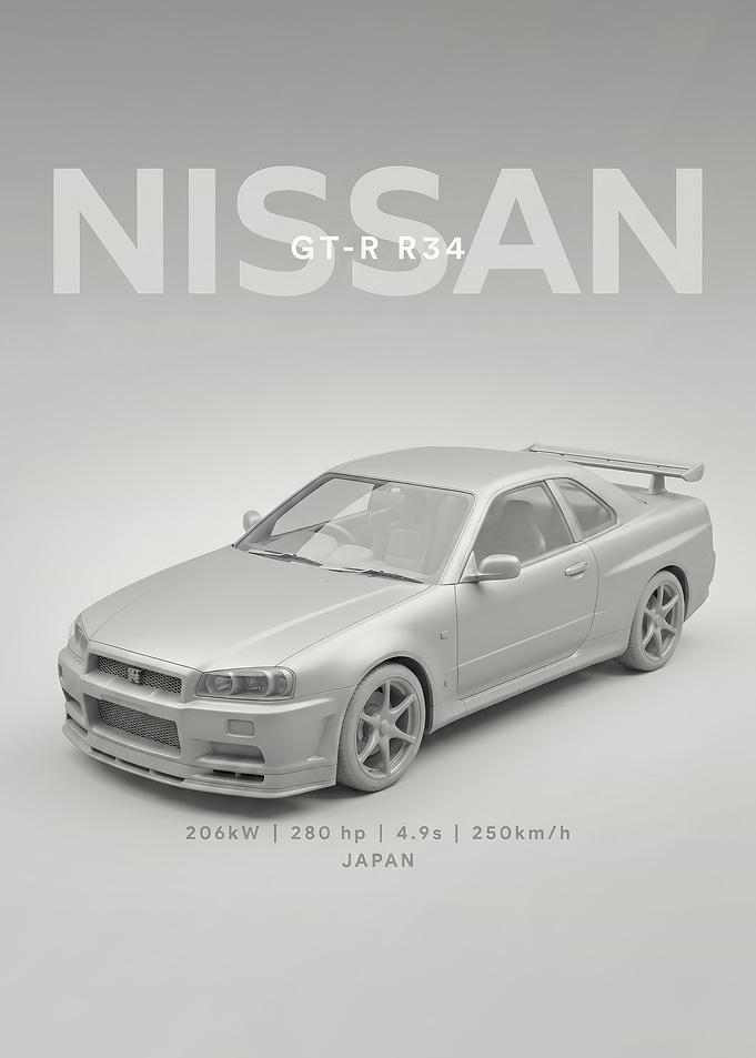 white on white Nissan GT-R R34 Model poster