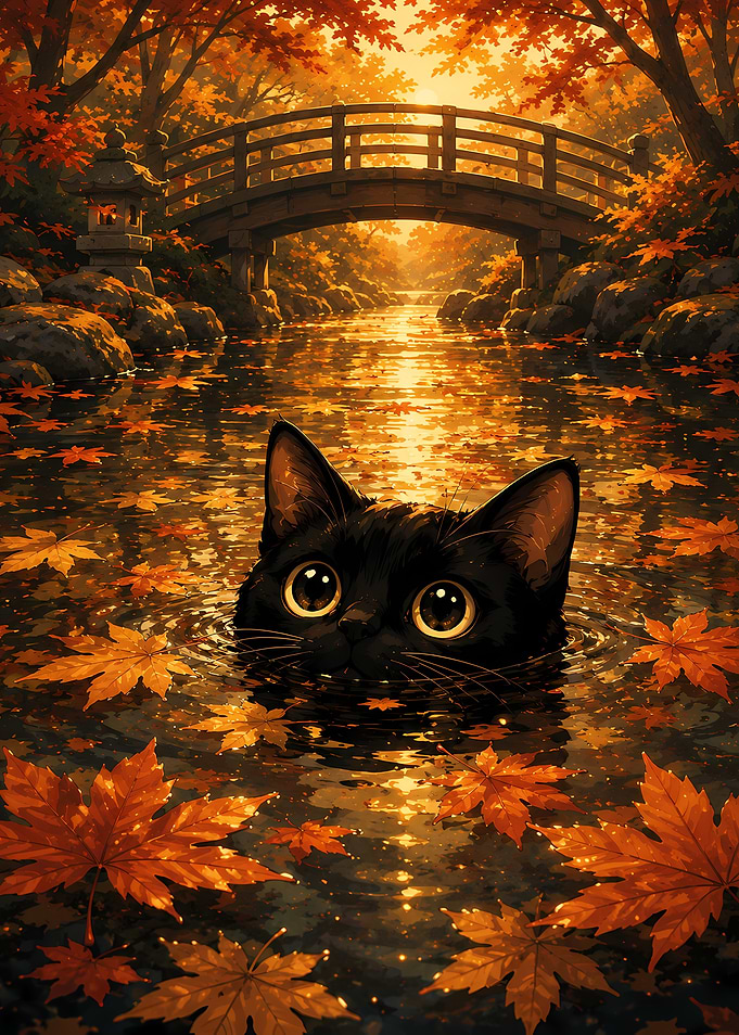 Black Cat in Autumn Stream