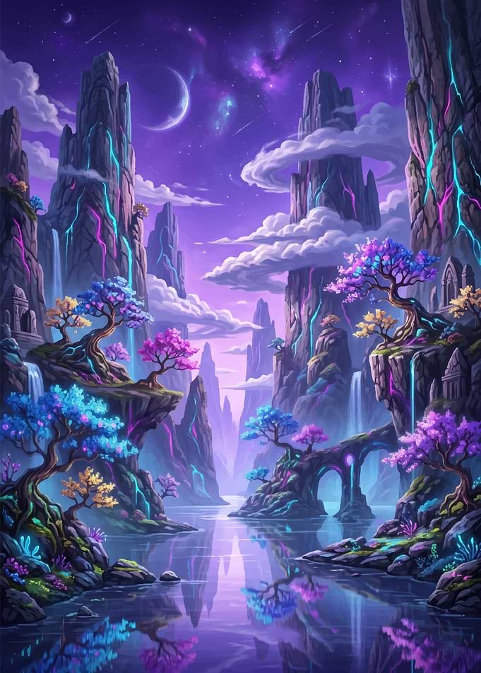 Enchanted Fantasy Landscape with Glowing Flora