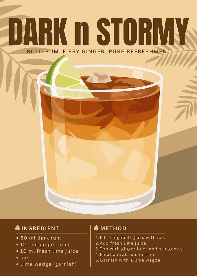 Dark ’n Stormy Cocktail Poster – Minimalist Rum & Ginger Beer Art in Tropical Retro Style