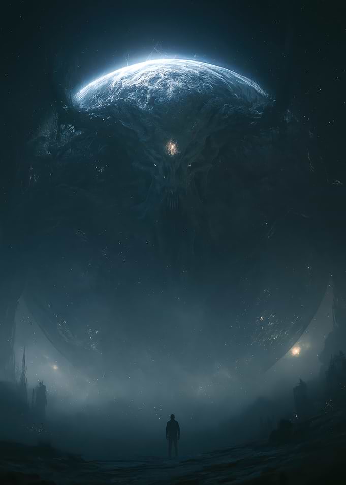 Giant Alien Creature and Lone Human