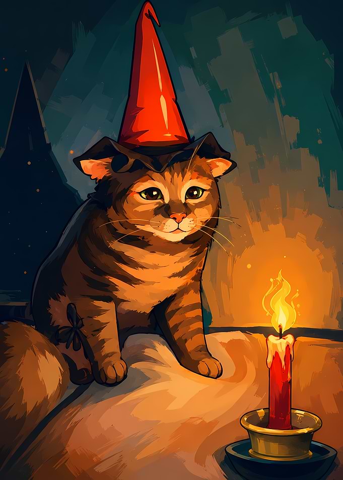 Sad Cat in a Wizard Hat by Candlelight
