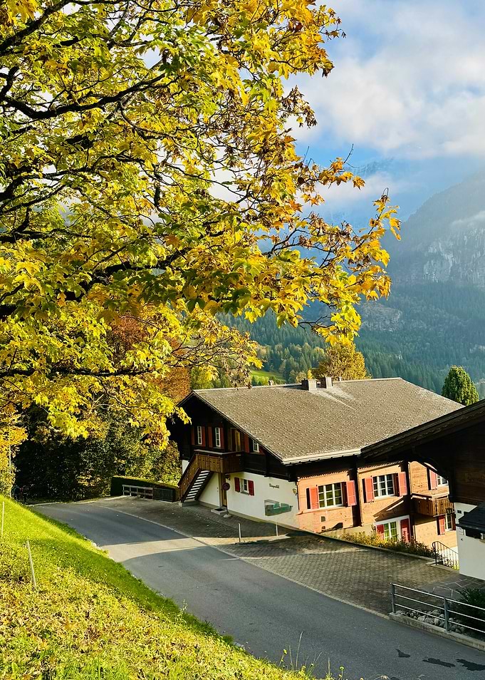Autumn scene with Swiss chalet and mountains