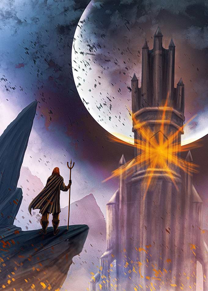 Mysterious Figure and Tower Under a Giant Moon