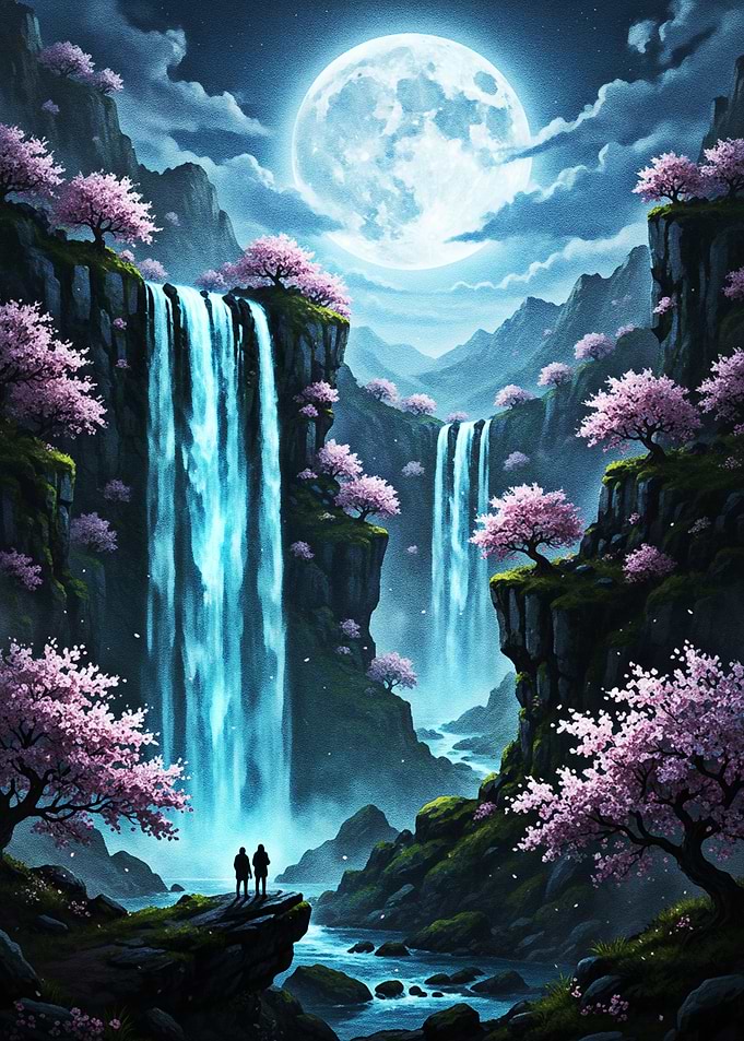 Moonlit Sakura Falls