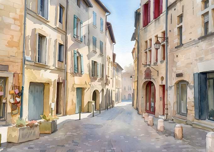 Watercolor painting of a European street